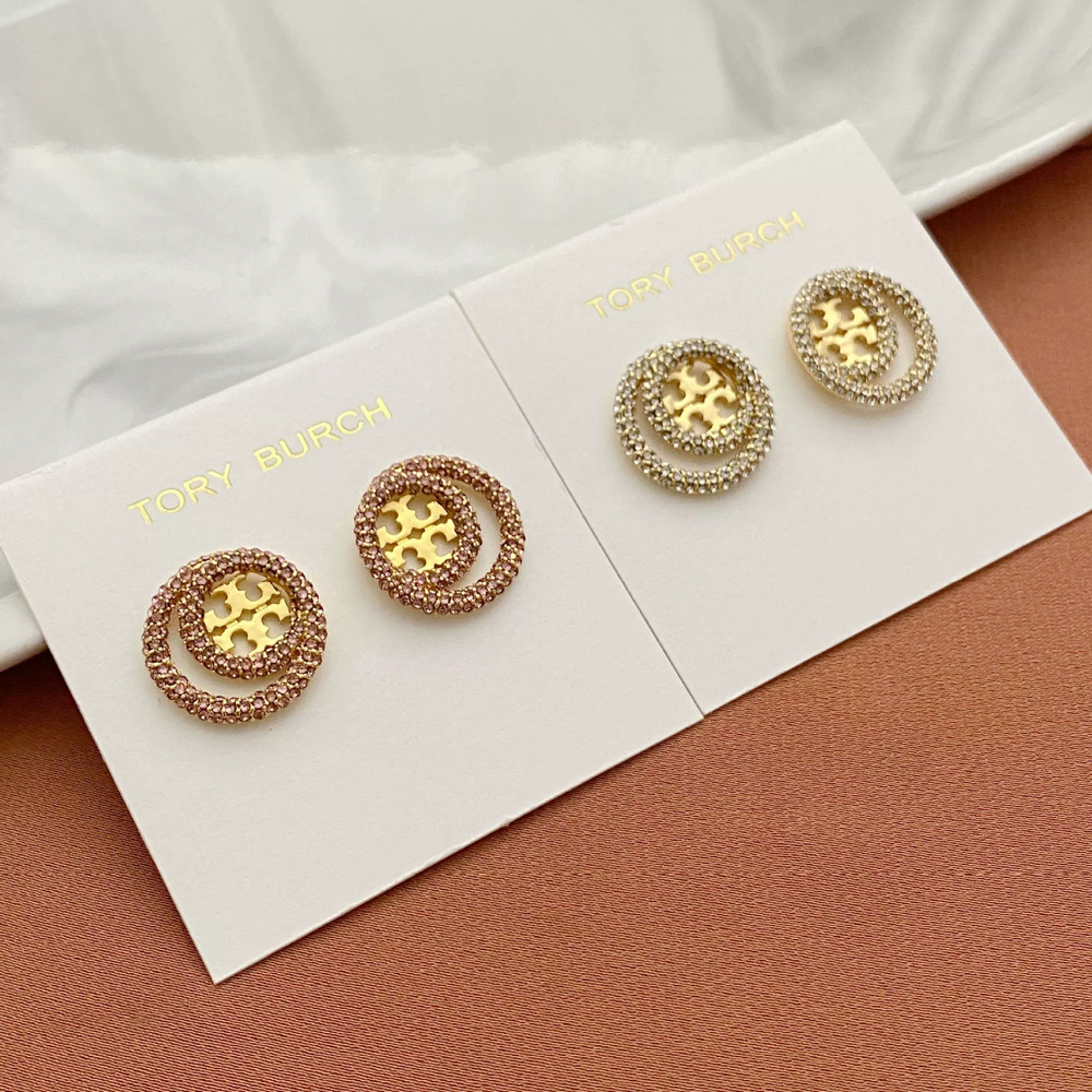 Tory Burch Rhinestone Hollow Letter Round Metal Stud Earrings